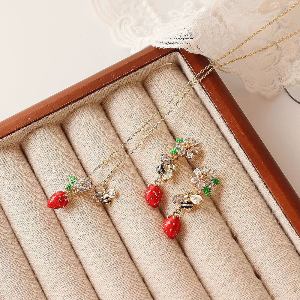 Kate SPADE Strawberry Bee Flower Design Full Diamond Enamel Necklace Earring Set